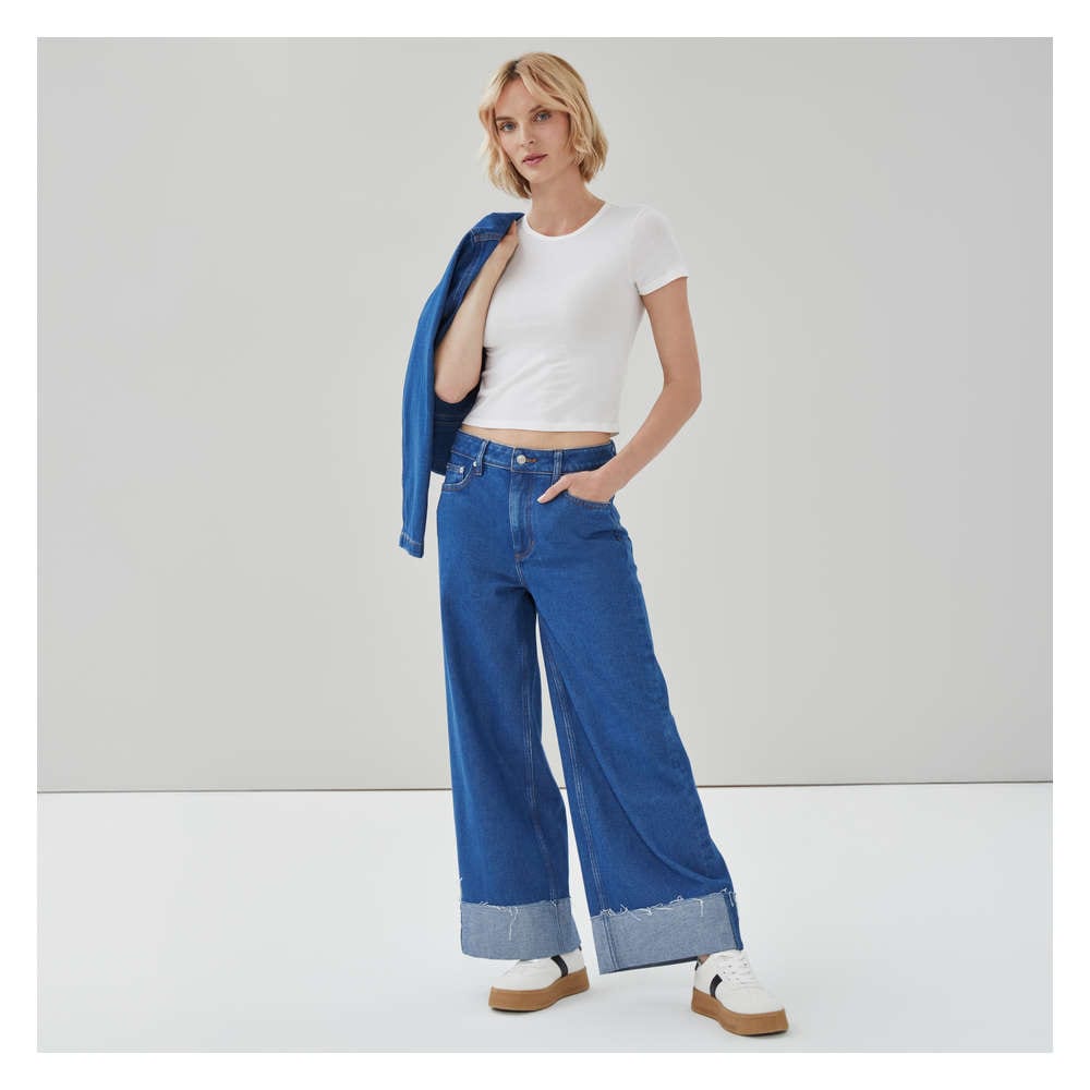 【AAKE】DOZ WASHING WIDE DENIM Joe Fresh Women's Dark Wash Wide Leg Cuffed Jean - 1 ea